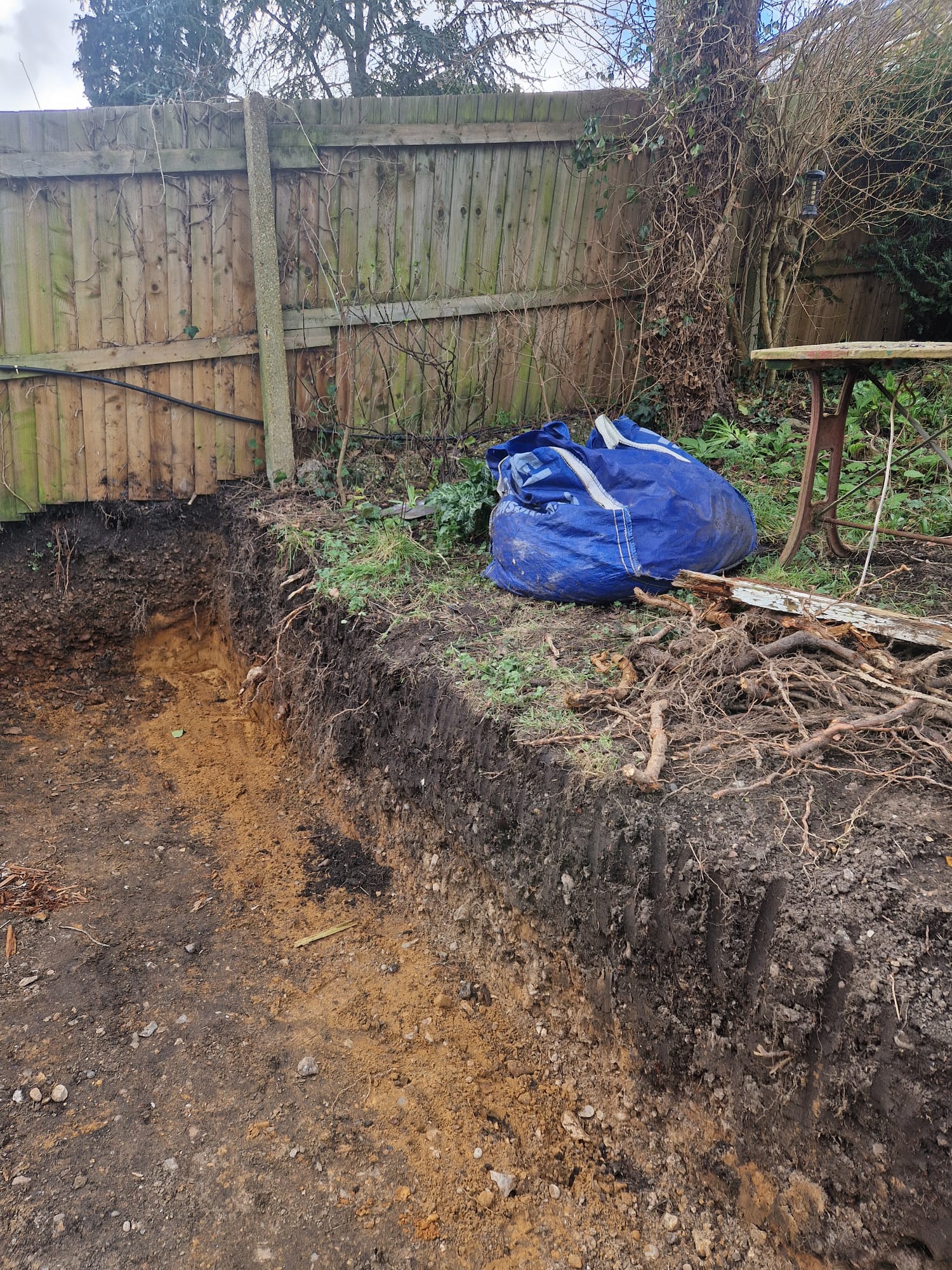 A deep step cut into the sloping ground, exposing the height of the bank to be retained