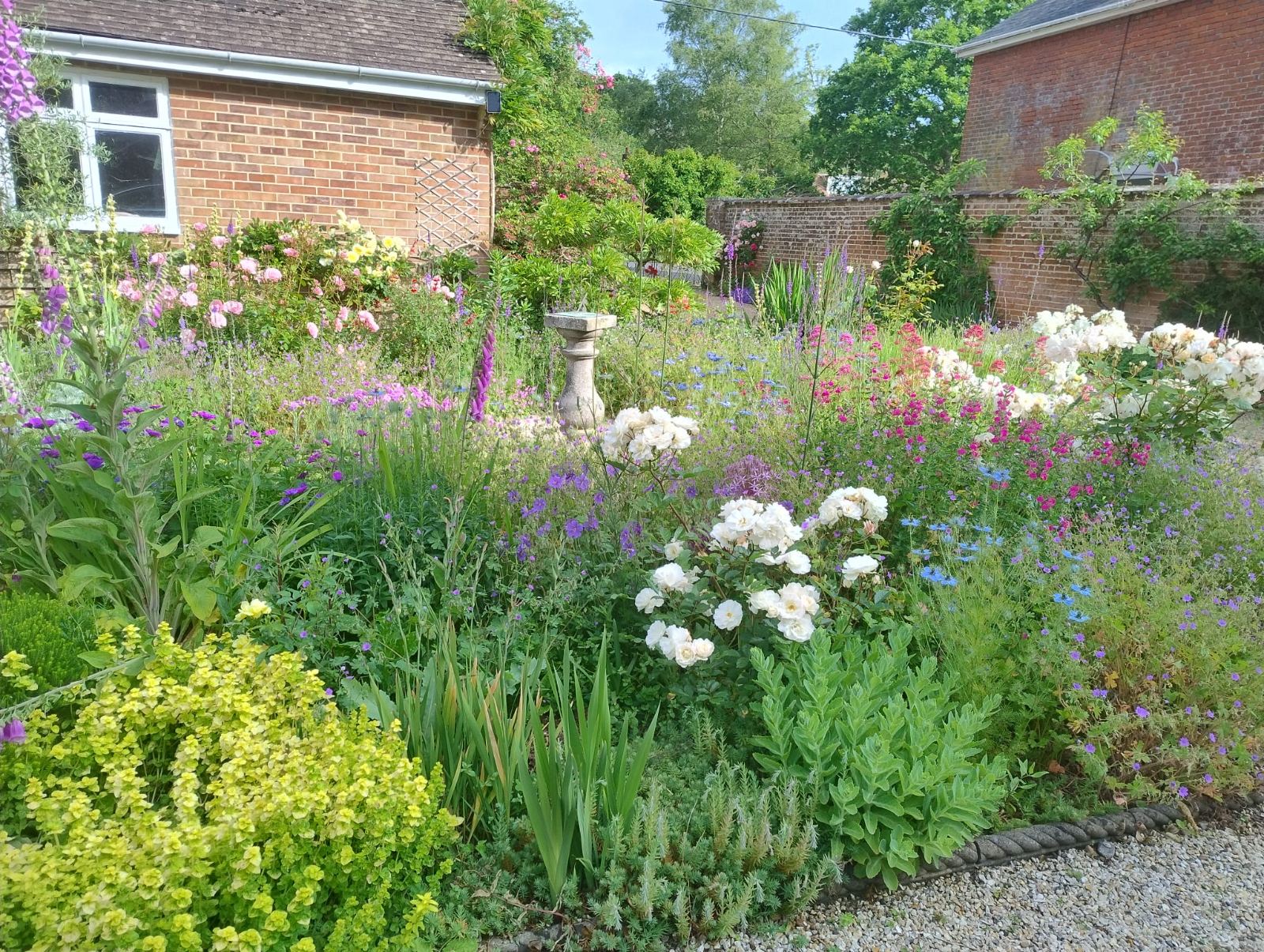 Deep mixed borders in full early-summer flower against a brick house